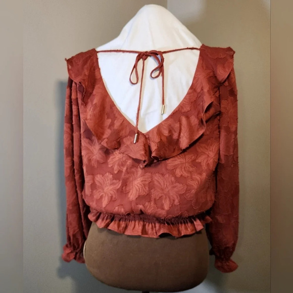 Anthropologie burnt orange floral textured blouse long sleeve v neck v back - Picture 3 of 6